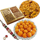Raksha Bandhan: Laddu, Mixture, and Dry Fruits Trio with Bead Set Rakhi and Kumkum-Chawal